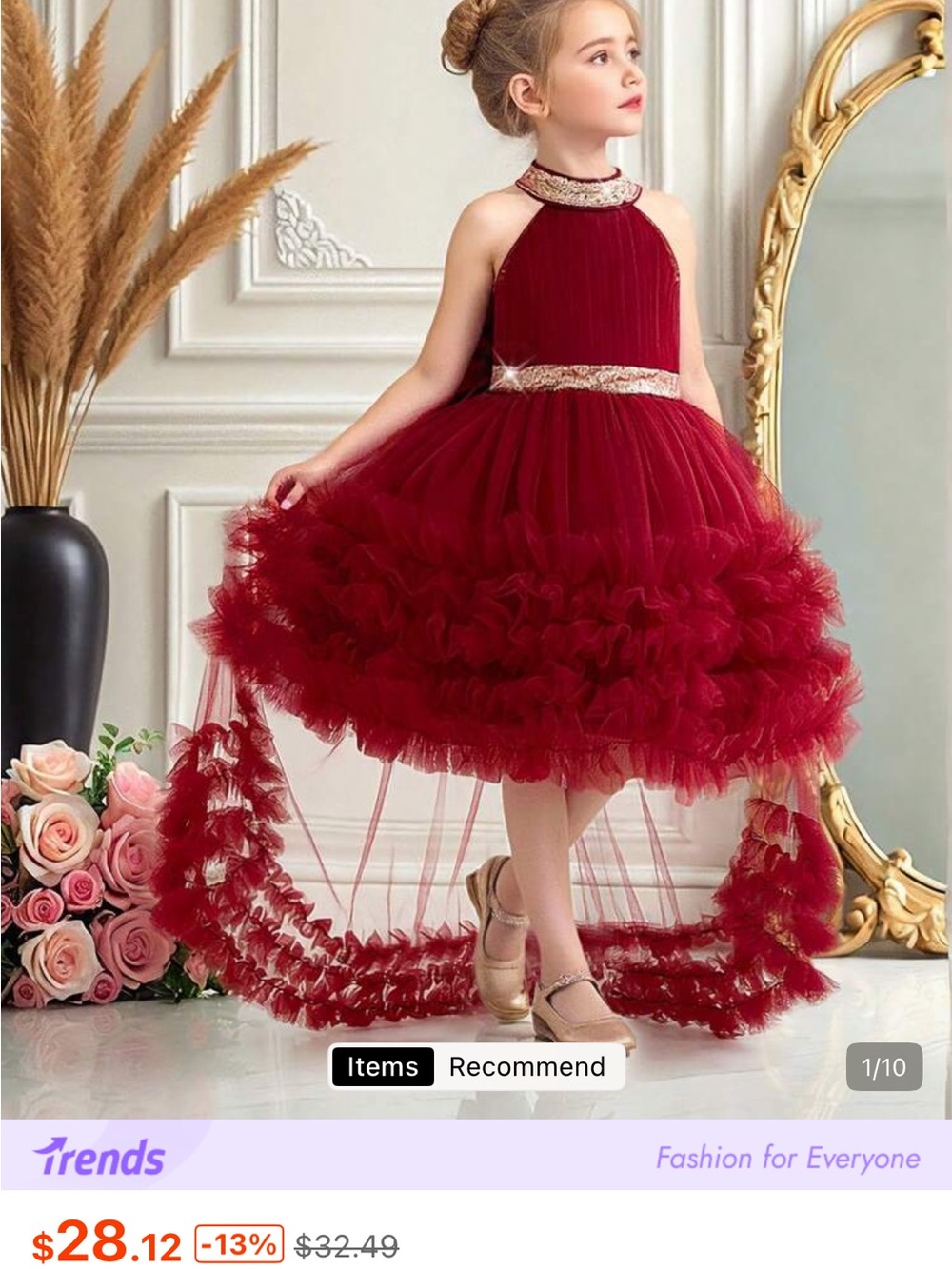 Girls Red Tulle Dress with Gold Sequin Details & Bow